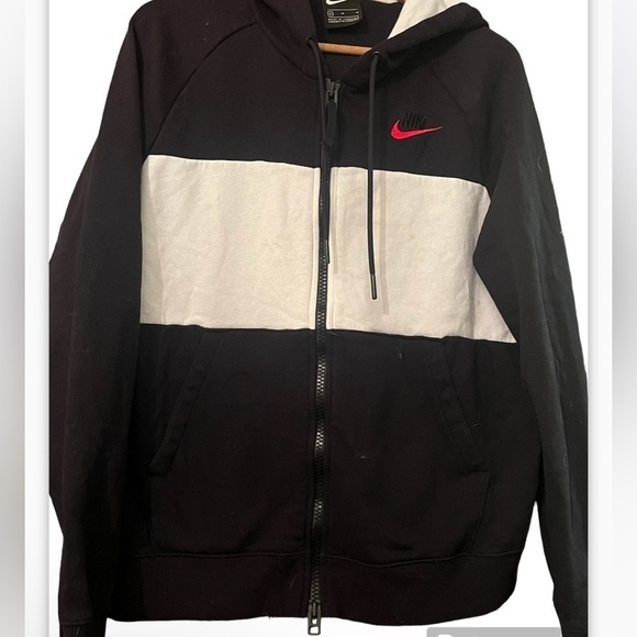 Nike Air Black White Red SWOOSH Full Zip Fleece Hoodie Sz M DB5064-011 - Picture 2 of 8